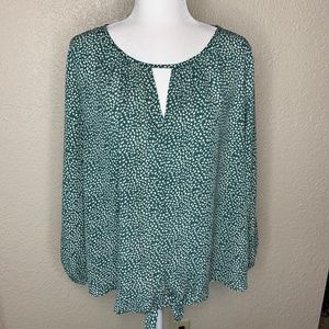 West Kei Green White Modern Print Tie Front Long Sleeve Top Women's Size…